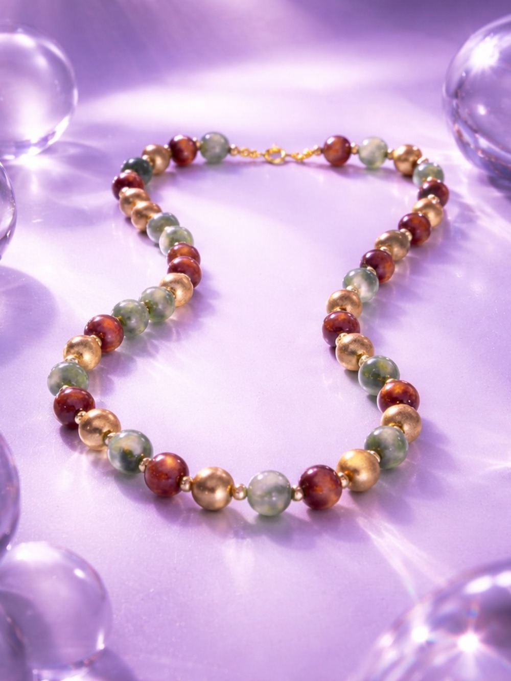 Gold, Green and Burgundy Beaded Necklace